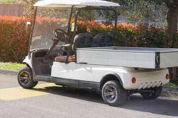 utility golf cart electric vehicle white metal cargo truck parked on asphalt street in a park with green trees and copy space for banner design concept of transportation, logistics, maintenance © Lana Pietukhova