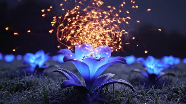 Close-up of bioluminescent blue flowers blooming in a dark meadow at night with golden glowing fireflies flying around the field and dew drops on the grass with a bokeh background.