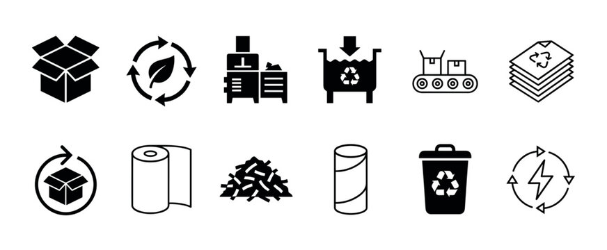 Collection of black and white paper recycling icons illustrating the process from cardboard boxes and shredded paper to new rolls, presented in a clean, graphic style