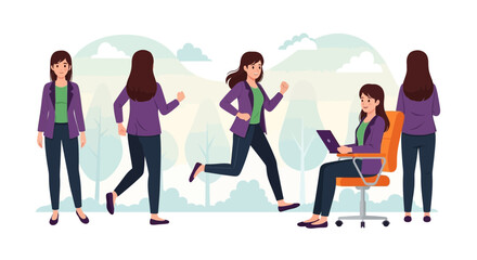 Fototapeta premium Businesswoman Poses: Running, Working, and Standing, Showing Modern-Day Lifestyle