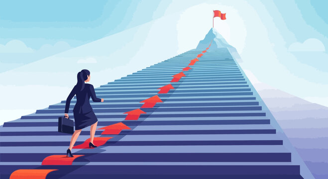 Businesswoman Climbing the Steps Towards the Peak of Achievement and Fulfillment