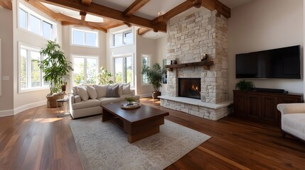 Obraz premium Bright and spacious modern living room featuring a rustic stone fireplace wood beams and large letting in natural light
