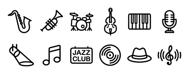 Fototapeta premium Collection of black outline jazz music icons, featuring instruments, symbols, and club elements, presented in a clean, minimalist vector style
