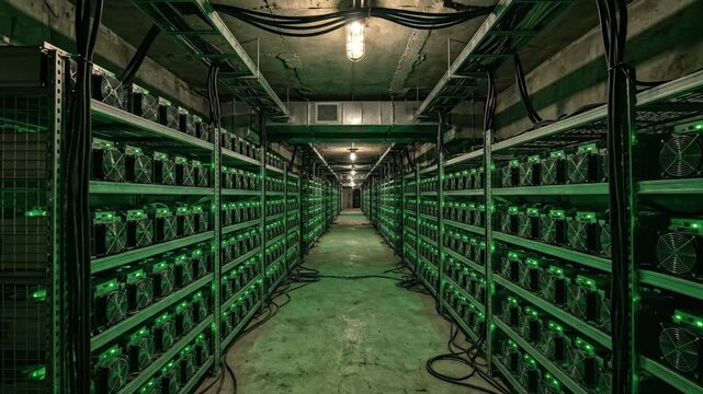 Cinematic tracking shot inside a dark underground cryptocurrency mining farm with endless rows of servers and glowing green lights