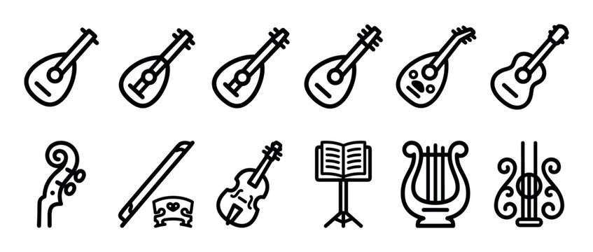 Collection of black outline musical instrument icons, including various string instruments, a violin, bow, bridge, music stand, and lyre, presented in a clean, illustrative vector style