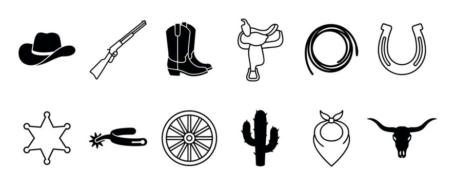 Collection of western cowboy icons, featuring a hat, rifle, boots, saddle, lasso, horseshoe, sheriff star, spur, wagon wheel, cactus, bandana, and bull skull, depicted in a clean, graphic style