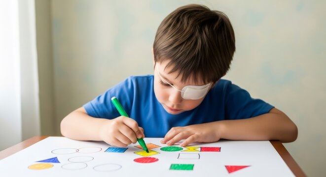 Caucasian kid with medical eye patch coloring geometric shapes. Amblyopia treatment and vision therapy for a child with lazy eye.