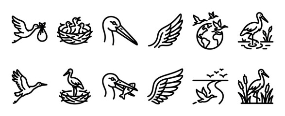 Obraz premium Collection of black outline bird icons depicting storks, doves, nests, wings, and various natural scenes in a minimalist graphic style