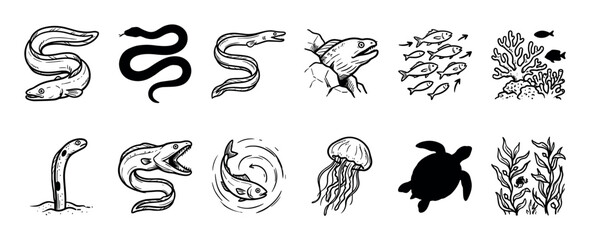 Obraz premium Diverse hand-drawn black and white marine life illustrations featuring eels, fish, coral, jellyfish, and a sea turtle in a simple, graphic sketch style