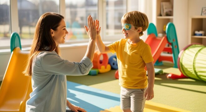 Woman ophthalmologist giving high five to a child with an eye patch. Amblyopia successful treatment for improving vision. Pediatric health care.