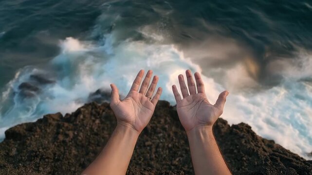 岩場の海を前に若い日本人の両手が静けさを抱く
