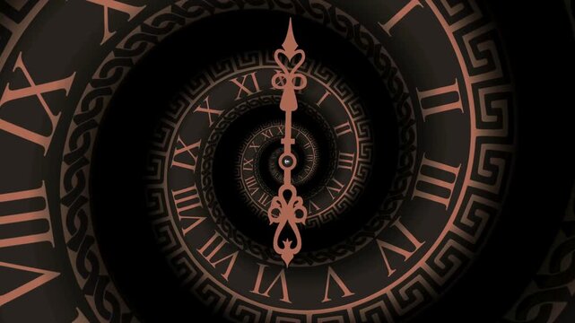 Endless looping spiral clock with roman numerals rotating for time travel concept