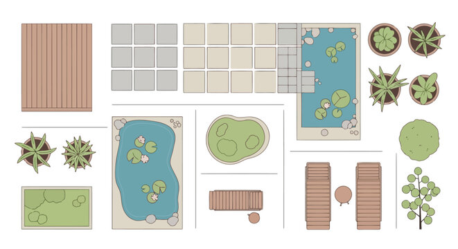 Top view of garden landscape elements set with deck, swimming pool, plants, and lounge chairs