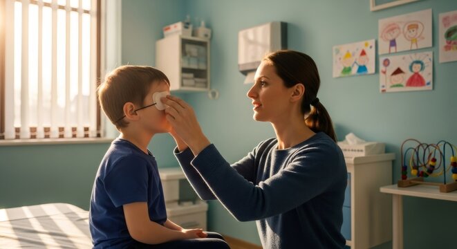 Woman ophthalmologist applying eye patch to boy during pediatric vision test. Child eye care, amblyopia treatment.