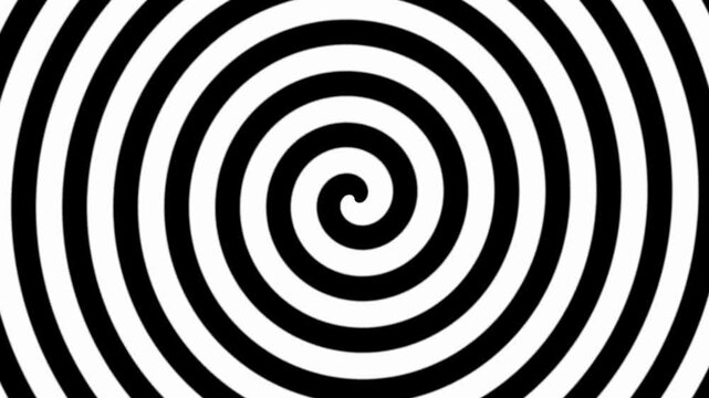 Black and white hypnotic spiral animation looping infinitely for optical illusion
