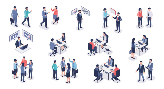 Set of isometric business people characters working in office, meeting, and collaborating