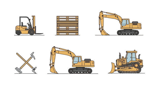 Set of construction machinery and tools including forklift, excavator, bulldozer and wooden pallets