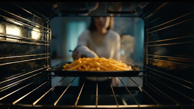 Golden french fries on baking tray inside oven, close up food shot