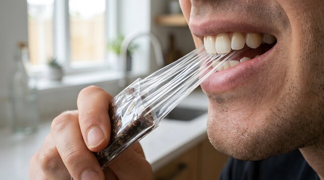 Close up of man opening plastic food packaging with his teeth in kitchen with copy space