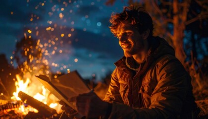 Fototapeta premium Person writing in journal by campfire at night