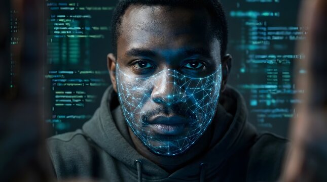 Futuristic Black Hacker with Biometric Face Mask and Glowing Computer Code for Cybersecurity