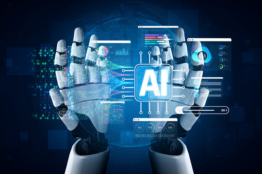 Futuristic Robotic Hands Displaying Artificial Intelligence Concept with Data Visualizations and Digital Interface Elements in a Modern Technology Environment Sigmoid