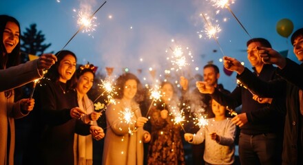 Fototapeta premium Group of people, women, men, a child holding sparklers and smiling celebrating Dussehra. Happy family holiday celebration with light for greeting card
