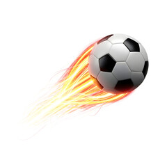 Fototapeta premium Soccer ball flying through air with realistic fire and flame trail effect isolated on white background