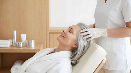 Obraz premium Senior woman with gray hair receiving scalp examination from professional in wellness spa with copy space