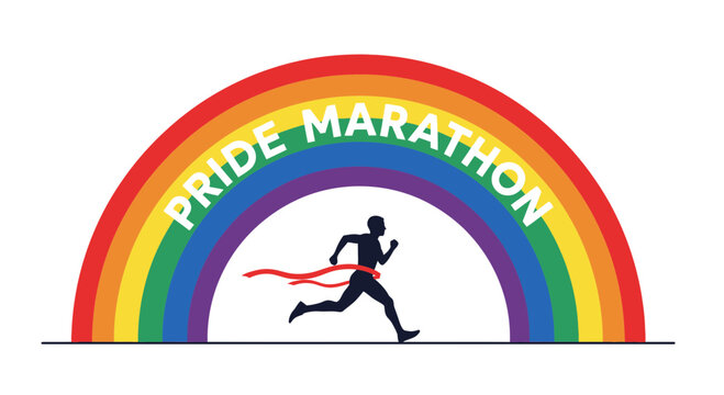 Celebrate Pride Marathon: Rainbow Archway with Silhouette of a Runner Reaching the Finish Line