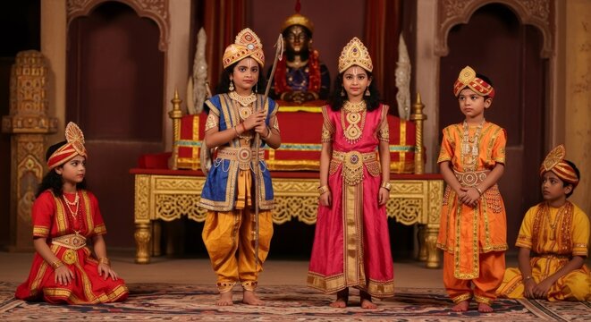 Children dressed as Hindu deities on a stage symbolizing characters from Ramayana for Dussehra or Vijaya Dashami celebration.