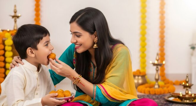 Woman feeding sweet laddu to a boy during Dussehra or Vijaya Dashami festival celebration representing joy and tradition