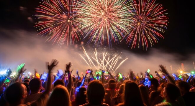 Crowd of people cheering under colorful fireworks display at night, celebrating Dussehra festival or Vijaya Dashami with lights.