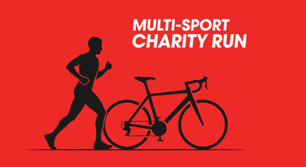 Obraz premium Charitable Multi-Sport Event Advertising Silhouette With Cyclist And Runner Against Red Background