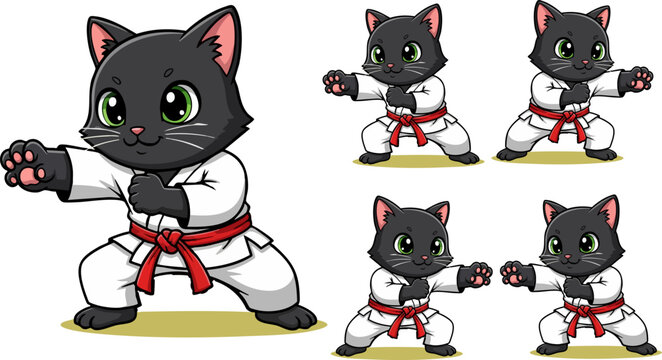 This adorable cartoon black cat is proudly demonstrating its martial arts prowess while wearing a traditional white karate gi and a vibrant red belt, ready for action and fun.
