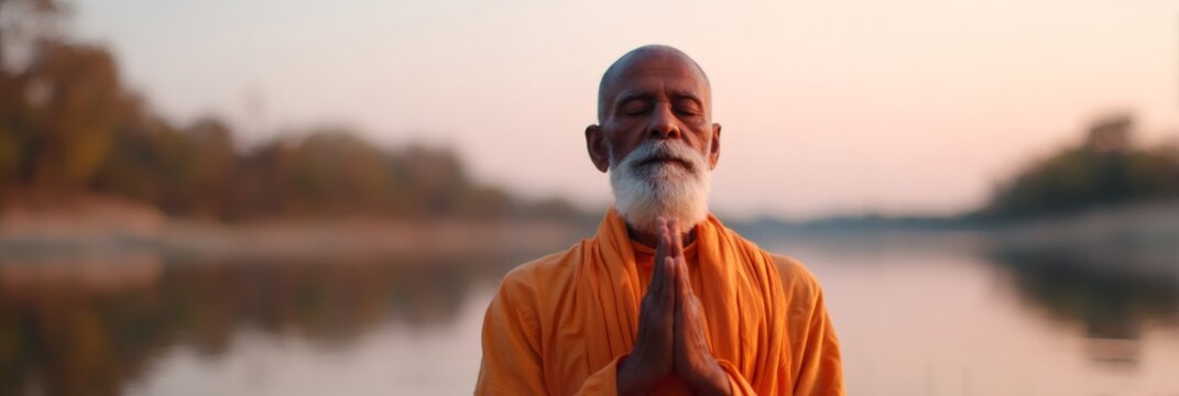 Smiling bearded old hindu man monk praying with folded hands. Spiritual devotion and traditional namaste gesture for Indian culture, religion usage. Banner with copy space