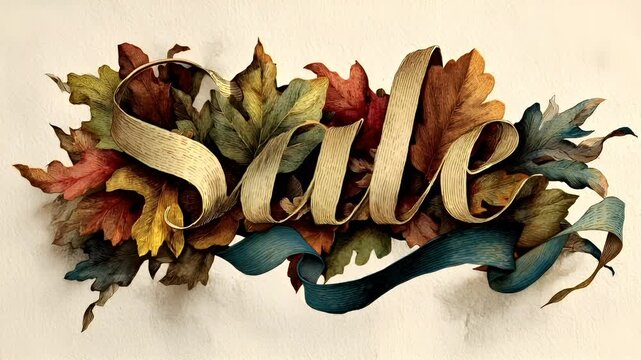 Retail promotion campaign advertisement. A closeup of the word Smile spelled out in a decorative, cursive font, surrounded by autumn leaves in various shades of red, orange, green, and brown.