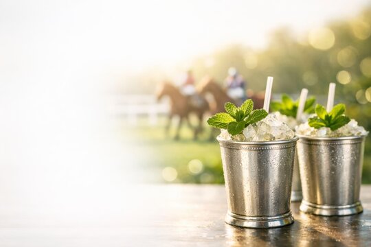 Frosty silver mint julep cups with crushed ice and fresh mint at a horse racing track. The blurred background shows jockeys and horses in action under the warm sun, capturing the horse racing