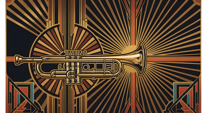 Stylized vintage illustration of a brass trumpet against a geometric 1920s art deco sunburst background in gold and black.
