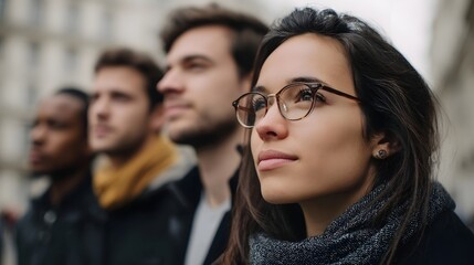 Obraz premium A thoughtful woman in stylish glasses stands with a diverse group of people in a professional urban setting