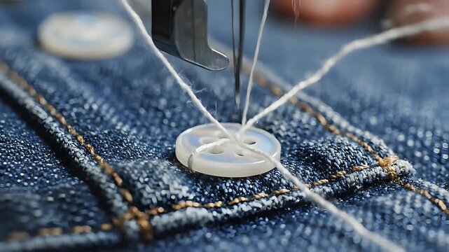 Closeup of sewing machine needle stitching a button onto denim fabric.