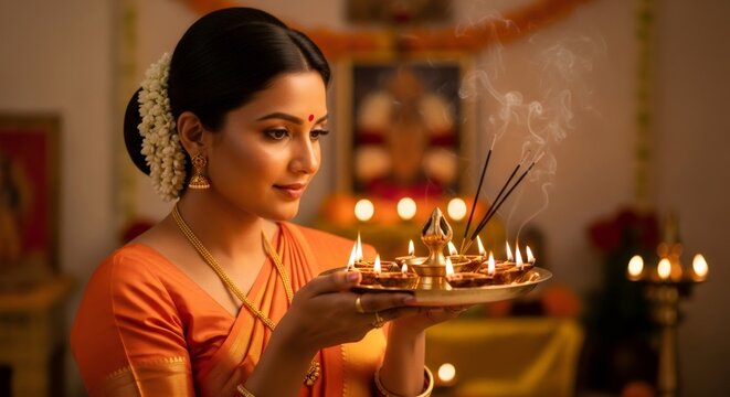 Woman performing Aarti prayer with oil lamps and incense sticks for Ganesh Chaturthi. Traditional Hindu religious ritual. Vinayaka Chaturthi celebration.