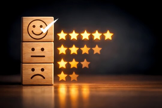 Wooden blocks with emoji faces and star ratings for customer feedback customer satisfaction