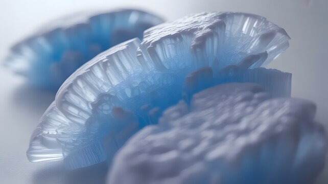 close-up of blue and clear dental retainers or aligners