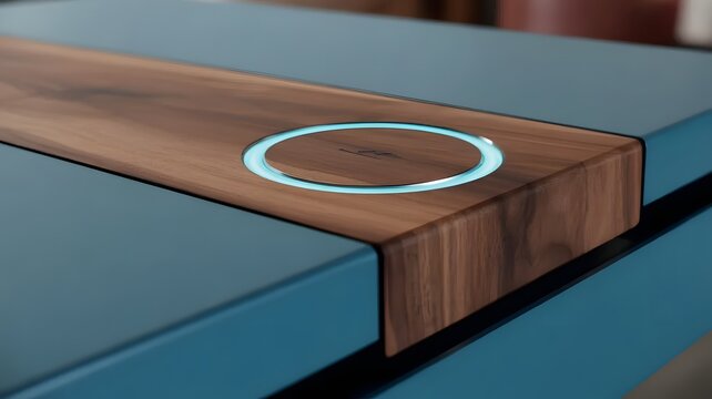 wireless charging pad on wooden desk, modern office technology