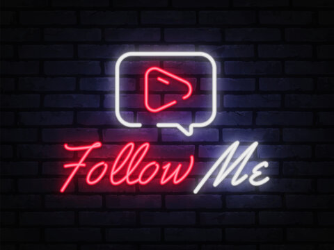 Neon follow me text with play symbol on transparent background. Modern glowing style works well for bloggers, influencers, and digital promotion.