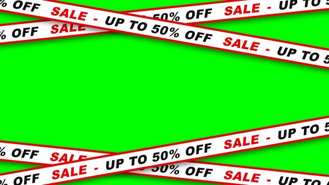 Dynamic 4K Green Screen Seamless Loop Sale Ticker Tapes with 50 Percent Discount Text Moving Horizontally on Chroma Key Background