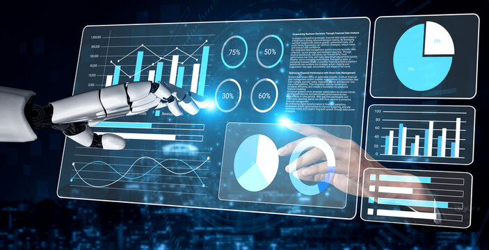 A robotic hand engages with a sleek digital dashboard filled with interactive graphs and statistics, representing the fusion of technology and data analysis. Gantry