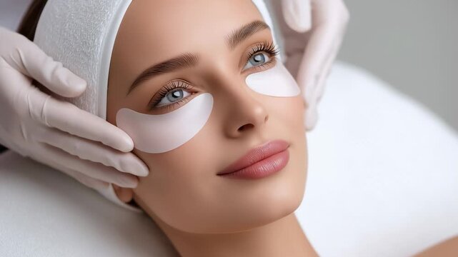 Young woman receiving under eye patches treatment in beauty salon creating skincare, косметология, and self care concept