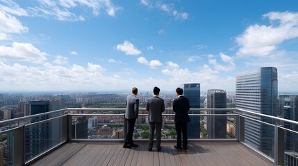 Obraz premium Three professionals survey the vast panoramic view of a modern metropolis from a high rooftop terrace under a bright blue sky